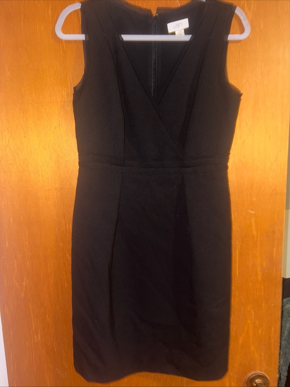 LOFT Black Sleeveless V-Neck Midi Sheath Dress with mesh detail